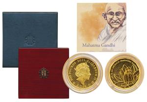 Great Britain, Elizabeth II, Gold 100 Pounds, 31.21g, Mahatma Gandhi, 2021, rev. a lotus w