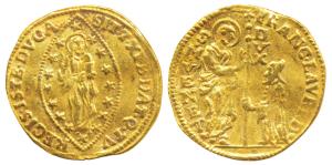 Italy, Venice, Gold Venitian Ducat, 3.45g, obv. Saint Marco standing right, presenting ban
