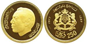 Morocco, King al-Hasan II, Gold 250 Dirhams, 6.45g, birthday of the ruler, AH 1397, AD 197