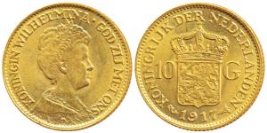 Netherlands, Wilhelmina, Gold 10 Gulden, 6.73g, 1917, Utrecht Mint (KM 149). About Uncircu