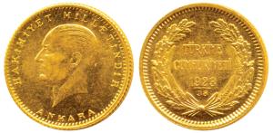 Turkey, Ataturk, Gold 50 Kurush, 3.56g, Ankara, 1961 (KM 853). Brilliant Uncirculated.