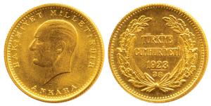Turkey, Ataturk, Gold 100 Kurush, 7.19g, Ankara, 1961 (KM 855). Brilliant Uncirculated.