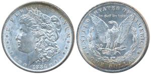 United States of America, Silver Morgan Dollar, 31.1g, 1884 (KM 110). About Uncirculated.
