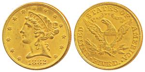 United States of America, Gold $5, 8.25g, 1882, obv. Liberty head, rev. Motto ‘IN GOD WE T