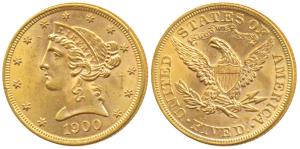 United States of America, Gold $5, 8.3g, 1900, obv. Liberty head, rev. Motto ‘IN GOD WE TR