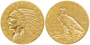 United States of America, Gold $5, 8.4g, 1909, obv. Indian Head, rev. motto behind the eag