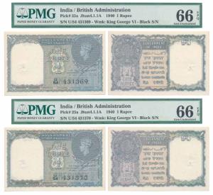 George VI, Rupee 1 (2), 1944, signed C. E. Jones, a pair of consecutive serial numbers (J&
