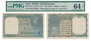 George VI, Rupee 1, 1944, signed C. E. Jones, serial number in green, inset ‘A’ in black (