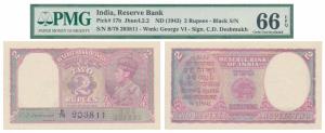 George VI, Rupees 2, 1943, signed C. D. Deshmukh (J&R 4.2.2). Graded by PMG 66 Gem Uncircu