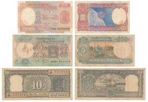 Rupees 2, 5 and 10, fancy number, signed I. G. Patel 1000000; R. N. Malhotra 111111; S. Ja