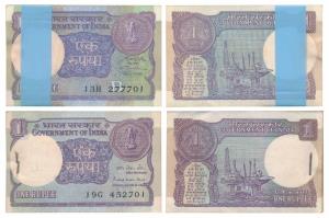 Rupees 1 bundle (2), 1985 & 1991, signed Pratap Kishan Kaul and S. B. Shukla. Uncirculated