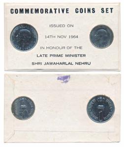 1964 Uncirculated set, Birth Anniversary of Jawaharlal Nehru, set of 2, 50 Paise and 1 Rup