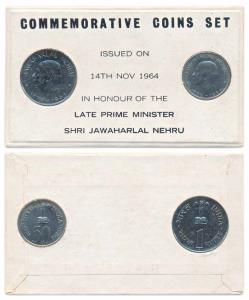 1964 Uncirculated set, Birth Anniversary of Jawaharlal Nehru, set of 2, 50 Paise and 1 Rup