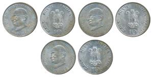 Silver Rupees 10, 1969, Gandhiji Birth Centennial. About Uncirculated to Uncirculated. (3)