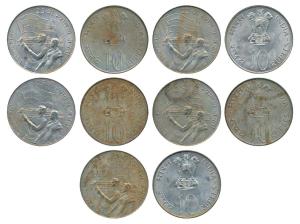 Silver Rupees 10, 1972, 25th Anniversary Indian Independence (KM 187). Extremely Fine to A