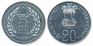 Silver Rupees 20, 1973, Grow More Food, Bombay Mint (KM 240). Within original plastic case