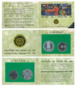 1994 Uncirculated Set, World of work, set of 2, Rupees 50 and 100. In immaculate condition