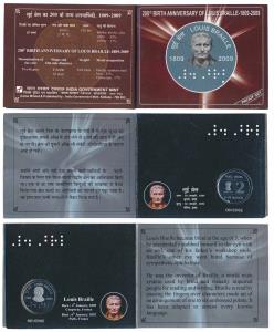 2009 Proof Set, 200th Birth Anniversary of Louis Braille, set of 1, Rupees 2. In immaculat