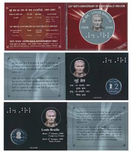 2009 Proof Set, 200th Birth Anniversary of Louis Braille, set of 1, Rupees 2. In immaculat