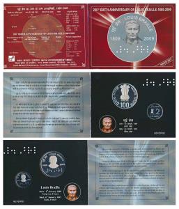 2009 Proof Set, 200th Birth Anniversary of Louis Braille, set of 2, Rupees 2 and 100. In i