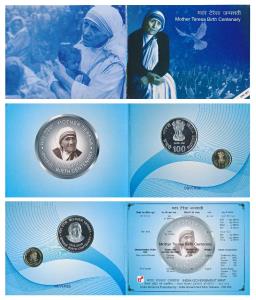 2010 Uncirculated Set, Mother Teresa Birth Centenary, set of 2, Rupees 5 and 100. In immac