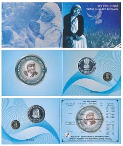2010 Uncirculated Set, Mother Teresa Birth Centenary, set of 2, Rupees 5 and 100. In immac