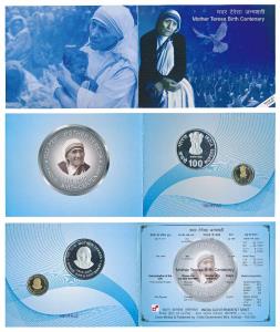 2010 Proof Set, Mother Teresa Birth Centenary, set of 2, Rupees 5 and 100. In immaculate c