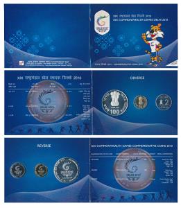 2010 Proof Set, XIX Commonwealth Games Delhi, set of 3, Rupees 2 to Rupees 100. In immacul