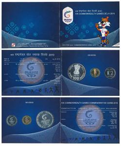 2010 Proof Set, XIX Commonwealth Games Delhi, set of 3, Rupees 2 to Rupees 100. In immacul