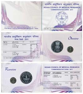 2011 Uncirculated Set, Indian Council of Medical Research, set of 2, Rupees 5 and 100. In 