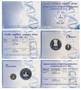 2011 Proof Set, Indian Council of Medical Research, set of 2, Rupees 5 and 100. In immacul
