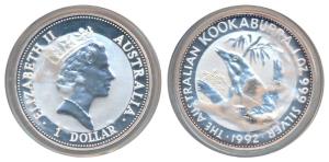 Australia, Queen Elizabeth II, Silver 1 Dollar, 31.1g, 1oz, 1992, rev. Kookaburra bird (KM