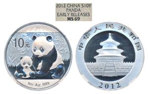 China, Silver 10 Yuan, 31.11g, 2012, Panda, Early Releases. Graded by NGC MS69.