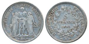 France, Third Republic, Silver 5 Francs, 24.96g, obv. Hercules standing facing between Lib
