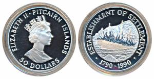 Pitcairn Islands, Elizabeth II, Silver 50 Dollars, 5 oz / 155.6g, 1990, 200th anniversary 