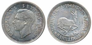 South Africa, George VI, Silver 5 Shillings, 28.28g, 1948 (KM 40.1). About Uncirculated.