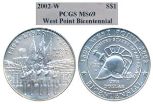 United States of America, Silver Dollar, 2002-W, West Point Bicentennial. Graded by PCGS M