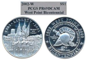United States of America, Silver Dollar, 2002-W, West Point Bicentennial. Graded by PCGS P