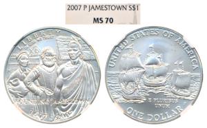 United States of America, Silver Dollar, 2007-P, Jamestown. Graded by NGC MS 70.