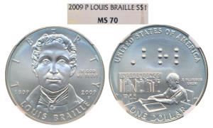 United States of America, Silver Dollar, 2009-P, Louis Braille. Graded by NGS MS70.