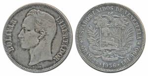Venezuela, Silver 5 Bolívares, 25g, 1936, rev. coat of arms with legend at top, weight, da