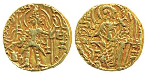 Kushanas, Shaka (c. 305-335 AD), Gold Dinar, 7.65g, obv. king nimbate standing left, holdi