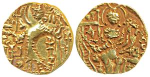 Kidara Kushanas, Gold Dinar, 7.79g, obv. king nimbate standing facing head to left, offeri