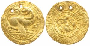 Kadambas of Hangal, Anonymous, Gold Varaha, 4.3g, obv. lion facing right and looking back 