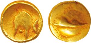 Anonymous, Hudki Gold Pagoda, 3.36g, a boat like uncertain symbol on obv., possibly the Go
