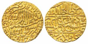 Akbar, Gold Mohur, 10.76g, Dar-ul- Khilafat Agra Mint, AH 973, Kalima type (KM 106.1). Bro