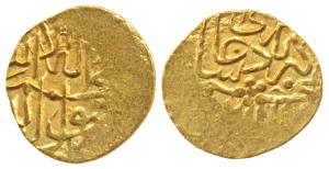 Akbar, Gold 1/10 Mohur, 1.14g, Mintless but issued at Badakshan, Kalmia on obv., ruler’s n
