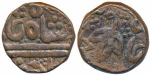 Copper Paisa, 13.96g, in the name of Shah Alam II, obv. flower with a double pennant flag 