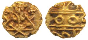 Krishna Raja Wodeyar (AH 1225-1285; 1810-1868 AD), Gold Fanam, 0.38g, obv. seated Narasimh