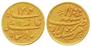 Murshidabad Mint, Gold ¼ Mohur, 3.09g, in the name of Shah Alam II, AH 1204/19, oblique mi